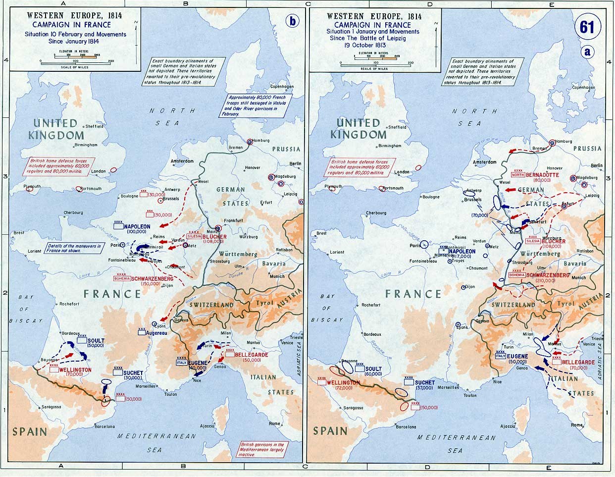 Eine Wandkarte von Europa während der Schlacht von Leipzig, unterteilt in Regionen mit Text und Zahlen, die das Ausmaß des Konflikts angeben, zeigt Städte, Ortschaften und geografische Merkmale.
