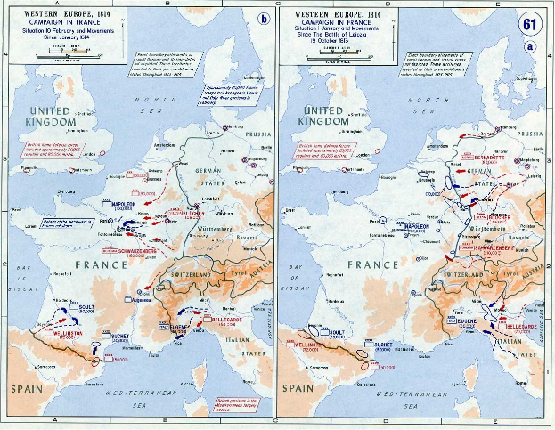 Eine Wandkarte von Europa während der Schlacht von Leipzig, unterteilt in Regionen mit Text und Zahlen, die das Ausmaß des Konflikts angeben, zeigt Städte, Ortschaften und geografische Merkmale.