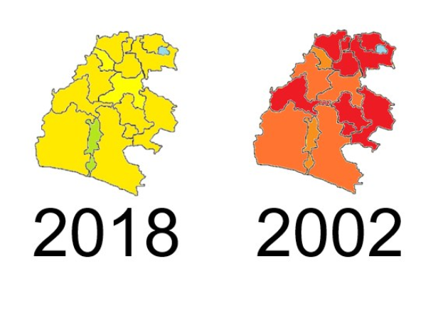 Karte von Deutschland, die die provinziellen Grenzen von 2002 und 2018 in Gelb, Rot und Orange auf einem weißen Hintergrund hervorhebt, mit Textüberlagerung.
