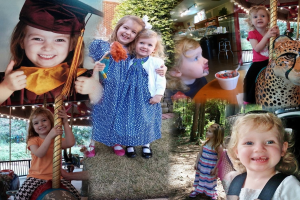 Ein Collage mit Vergnügungsparkfahrten, einem Tisch mit Lebensmitteln einschließlich eines Bechers und Löffels, verschiedenen Gegenständen, Lichtern, einer Wand, Büschen, Bäumen, Gras, einem Seil und einem Hut.