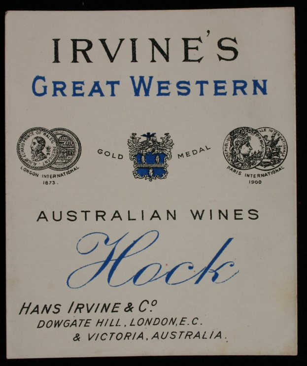 Plakat, das Irvine's Great Western Australian Wines bewirbt und den Unternehmenstext und -logos enthält.