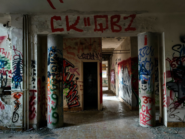 Verlassenes Gebäude mit Graffiti an den Wänden, sichtbarem Boden, freiliegenden Rohren und einer Tür im Hintergrund, das die städtische Verwahrlosung illustriert.