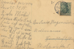 Eine alte Postkarte mit einer Briefmarke, die von Deutschland nach Deutschland am 25. Oktober 1913 verschickt wurde und handschriftlichen Text enthält.