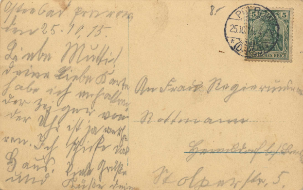 Eine alte Postkarte mit einer Briefmarke, die von Deutschland nach Deutschland am 25. Oktober 1913 verschickt wurde und handschriftlichen Text enthält.