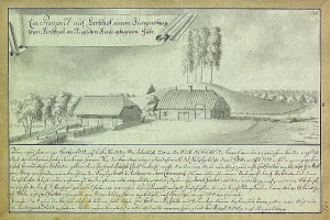 Ein altes historisches Dokument mit der Überschrift "Surgensburg, Deutschland - Landschaft eines Hofes", das einen Hof inmitten eines Feldes zeigt, umgeben von Häusern, Bäumen und einem Himmel.