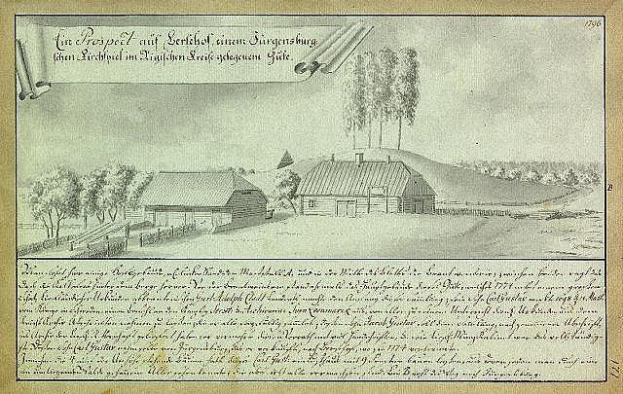Ein altes historisches Dokument mit der Überschrift "Surgensburg, Deutschland - Landschaft eines Hofes", das einen Hof inmitten eines Feldes zeigt, umgeben von Häusern, Bäumen und einem Himmel.