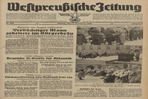 Titelseite einer deutschen Zeitung vom 13. November 1939, betitelt "Weitpreubliche Zeitung", mit einer Gruppe in traditioneller deutscher Tracht auf dem Bild.