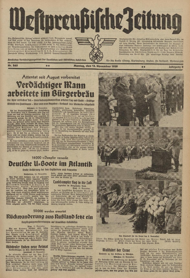 Titelseite einer deutschen Zeitung vom 13. November 1939, betitelt "Weitpreubliche Zeitung", mit einer Gruppe in traditioneller deutscher Tracht auf dem Bild.
