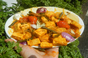 Eine Person hält einen Teller mit vegetarischem Essen, darunter Karotten, Paprika, Zwiebeln und Korianderblätter, mit Pflanzen im Hintergrund.