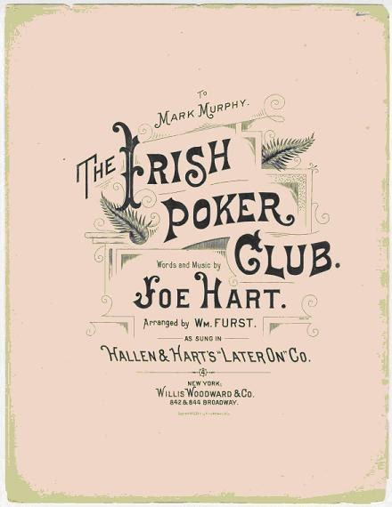 Ein Plakat mit der Aufschrift "The Irish Poker Club" in fetter schwarzer Schrift auf einem weißen Hintergrund, eingerahmt von einem schwarzen Rand, mit einer bunten Kleeblatt-Illustration.