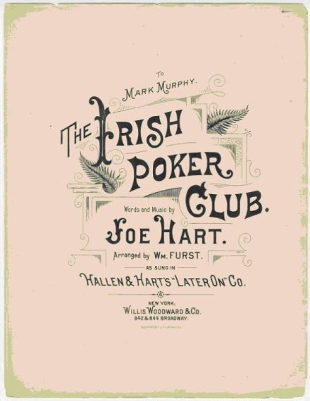 Ein Plakat mit der Aufschrift "The Irish Poker Club" in fetter schwarzer Schrift auf einem weißen Hintergrund, eingerahmt von einem schwarzen Rand, mit einer bunten Kleeblatt-Illustration.