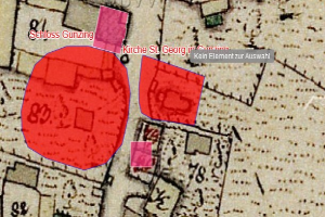Roter Kreis ├Ąhnlich einem Hakenkreuzsymbol auf einer Stadtkarte, umgeben von Text und Zahlen.