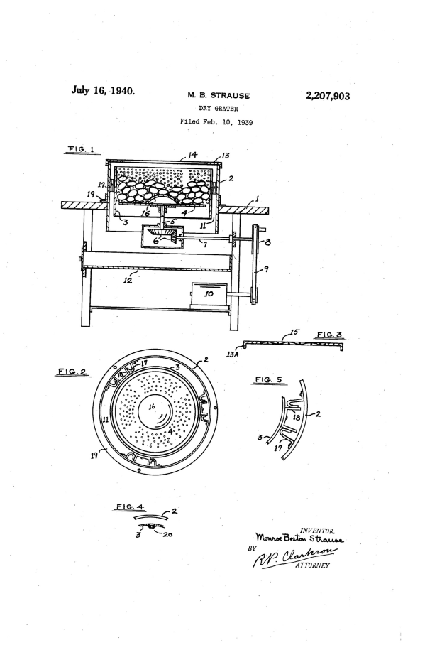 Schwarz-weiß-Zeichnung eines Gasbrenner-Entwurfs mit dem Text "US Patent 2,207,903" auf einem weißen Hintergrund.