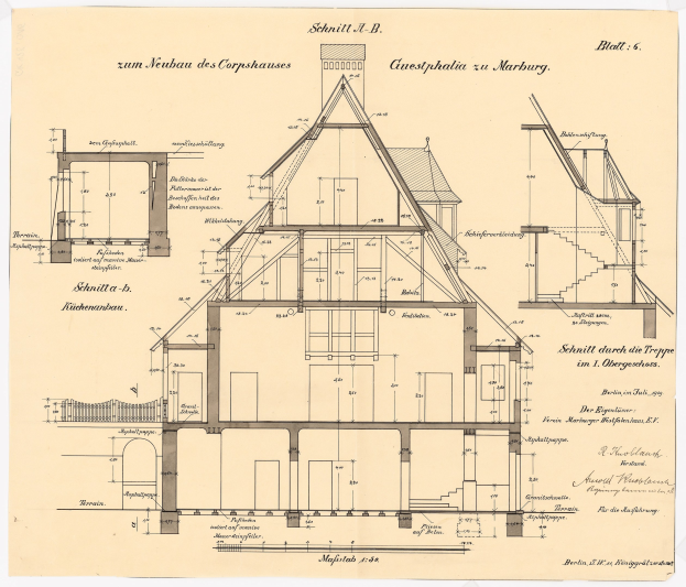 Ein detailliertes architektonisches Zeichnung eines Hauses mit zahlreichen Fenstern und einem Dach, beschriftet als das erste Haus in Deutschland, begleitet von strukturellen Plänen und Text auf Papier.