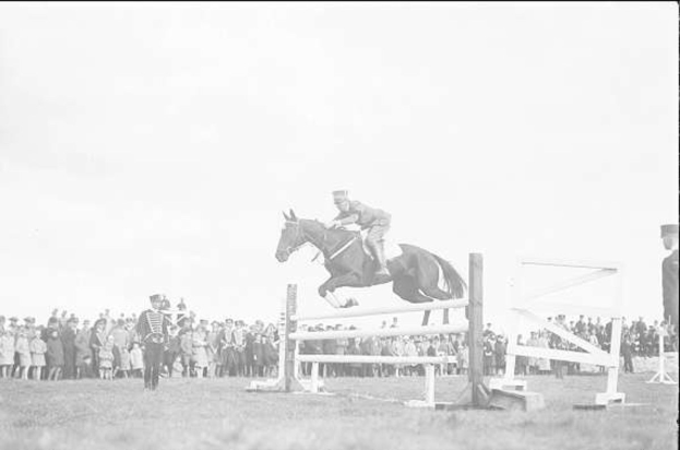 Ein Schwarz-Weiß-Foto eines rotbraunen Pferdes mit einer weißen Blesse und schwarzer Mähne, das über ein hölzernes Hindernis springt, geritten von einer Person in einem weißen Hemd und blauen Jeans, während eine Menge zusieht.