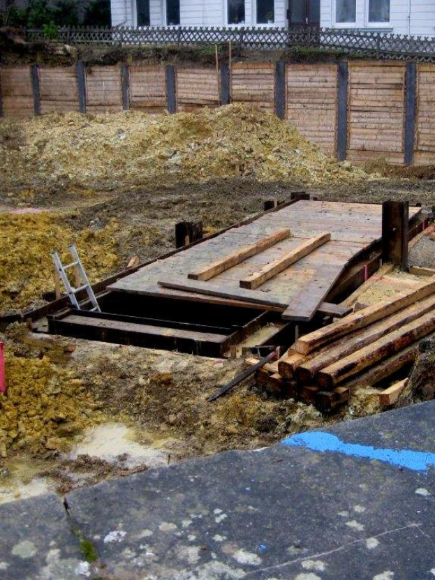 Ein Haus im Bau mit Fenstern, Türen und einem Schutthaufen in der Nähe, umgeben von Bäumen und einem Zaun, mit Holzplanken und einer Leiter im Vordergrund.