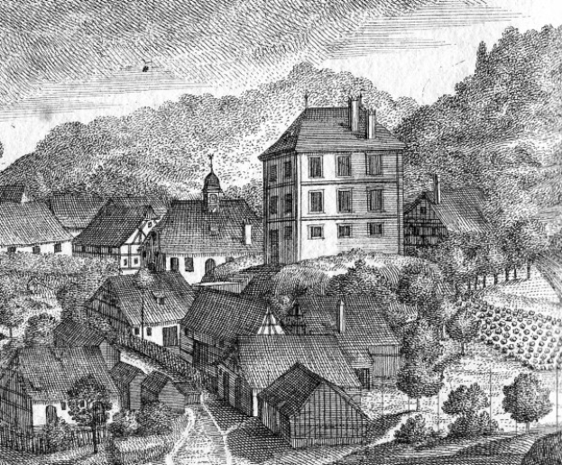 Schwarz-weiß-Zeichnung einer kleinen 19. Jahrhundert-Bayerischen Stadt mit einer zentralen Kirche, Häusern, Bäumen und Himmel, beschriftet mit "Bayern im 19. Jahrhundert" unten.