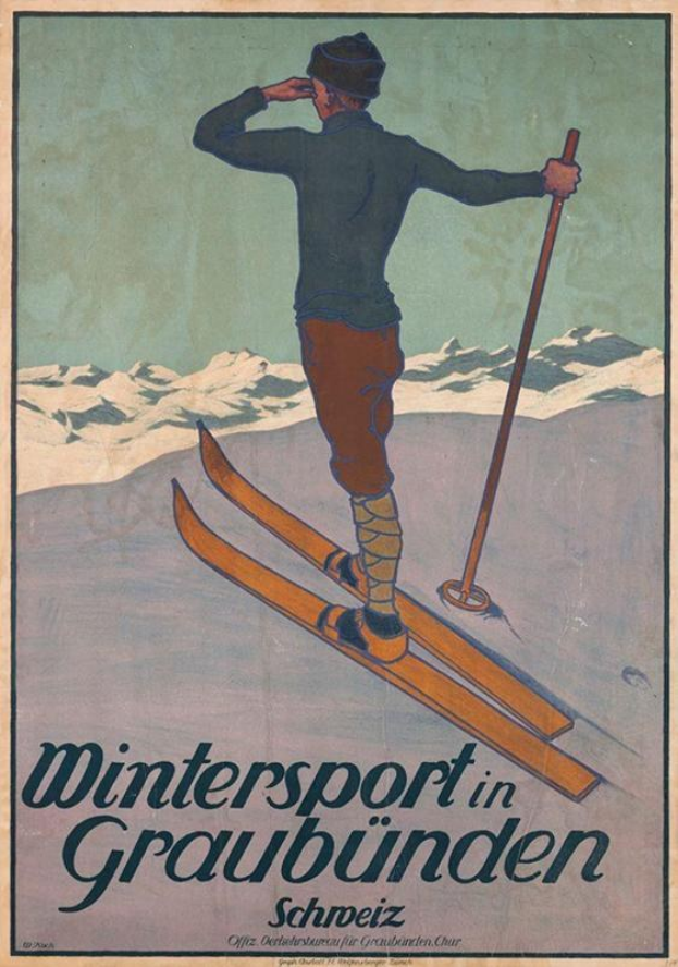 Ein Plakat, das einen Wintersport in Graubünden, Schweiz, bewirbt und eine Person auf Ski mit einem Stock vor schneebedeckten Bergen zeigt und Text enthält.