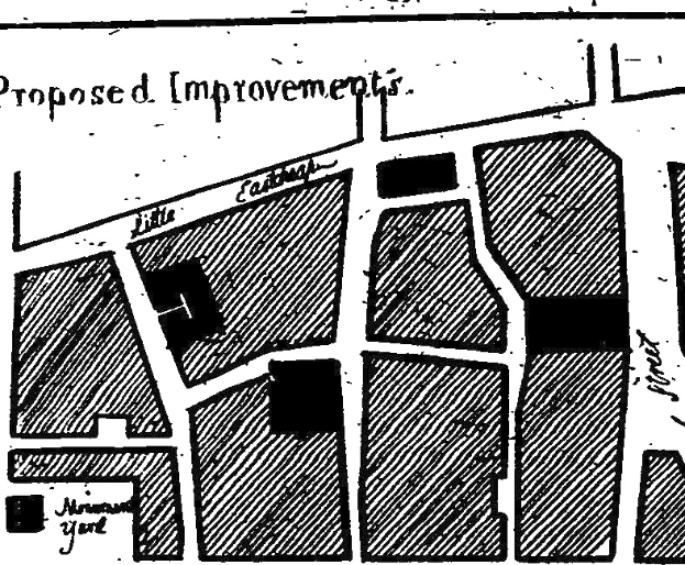 Schwarze und weiße Stadtkarte mit dem Text "Vorgeschlagene Verbesserungen"
