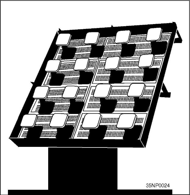 Schwarze und weiße Zeichnung eines rechteckigen Solarpanels mit einem gitterähnlichen Oberflächenmuster auf einem weißen Hintergrund, beschriftet mit "Solarpanel" unten.
