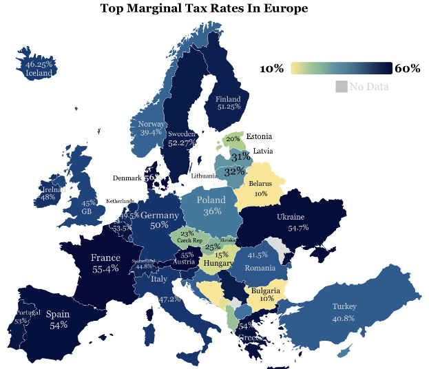 Eine Karte von Europa, die die höchsten Steuersätze je Land anzeigt, mit der Überschrift "Höchste Steuersätze in Europa."