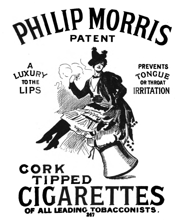 Werbung für Philip Morris Cork Tipped Zigaretten mit einer Frau, die eine Zigarette in der Hand hält.