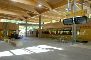 Ein belebter Bahnhof mit einem Zug auf den Schienen, umgeben von Bänken, Tischen, Pfählen, Schildern, Laternen und Bäumen, voller Menschen, die auf den Zug warten.