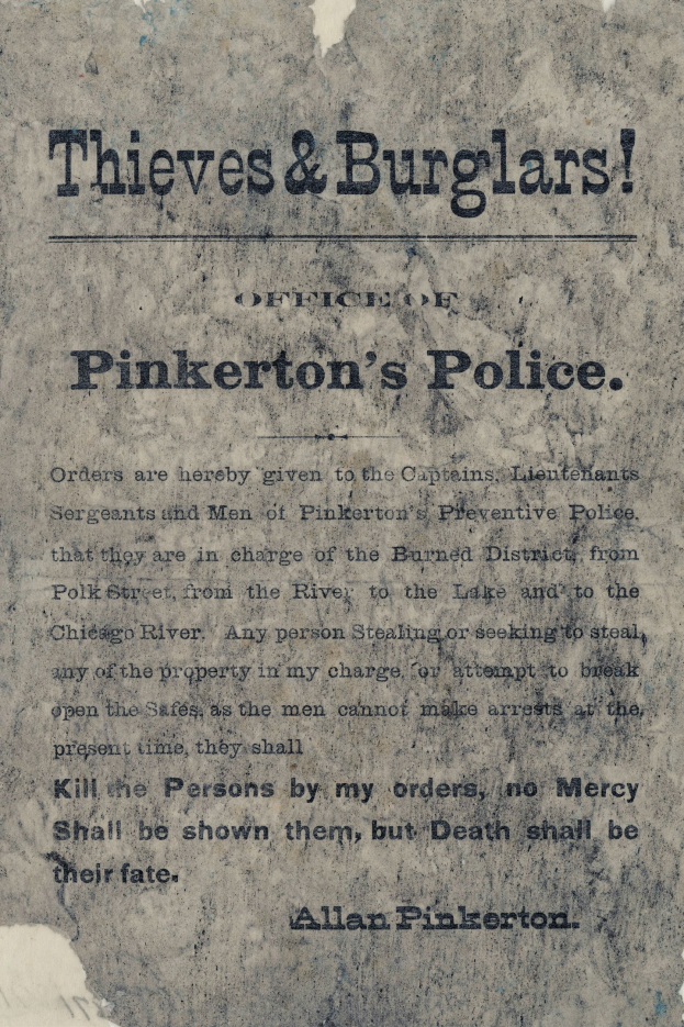 Plakat mit 'Diebe & Einbrecher Pinkerton's Polizei' in fetter schwarzer Schrift auf einem weißen Hintergrund, eingerahmt von einem schmalen schwarzen Rand.