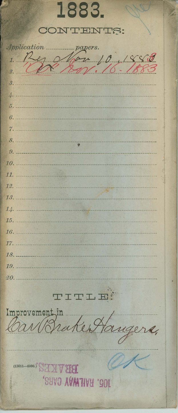 Ein offenes altes Buch aus dem Jahr 1883 mit einer Liste von Verbesserungen für Bremssysteme von Schienenfahrzeugen.