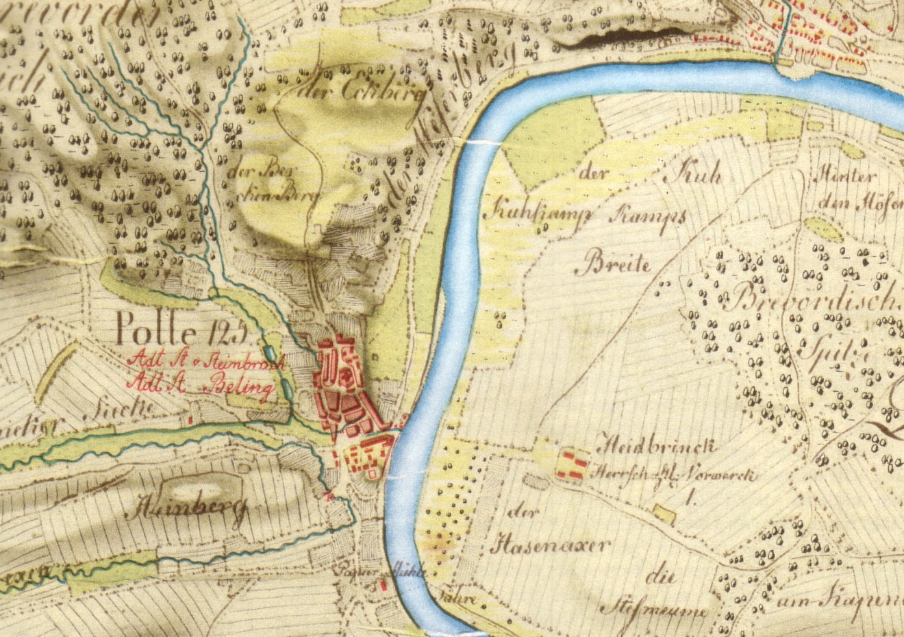Detailierte alte Karte von Polle, Deutschland, mit einem Fluss, Straße, Gebäude und anderen Merkmalen markiert.