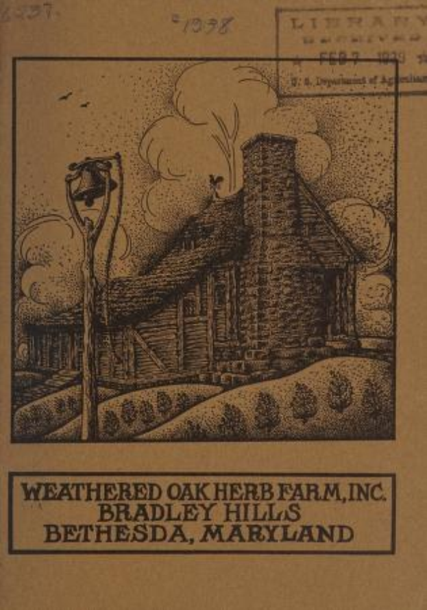 Alter Buchumschlag mit der Aufschrift "Weathered Oak Herb Farm, Inc." und einer Illustration eines verwitterten Eichenkrauthofs in Bradley Hills, Bethesda, Maryland, umgeben von grünem Gras und Vögeln am Himmel.