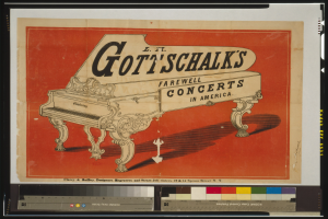 Ein Plakat für Gott'schalk's Abschiedskonzerte in Amerika, das ein Klavier mit darauf geschriebenem Text und Farbskalen unten zeigt.