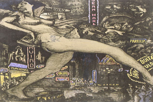 Eine Frau tanzt anmutig mit ausgestreckten Armen und Beinen vor einem bewundernden Publikum, mit fetter Schrift und anderen Objekten im Hintergrund.