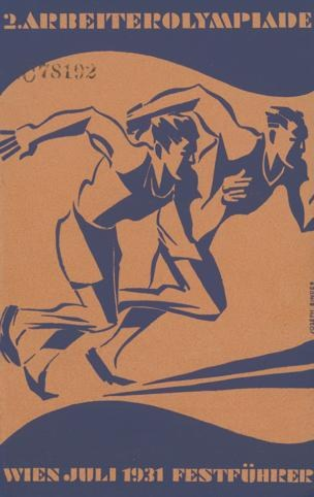 Plakat für die Olympischen Spiele 1932 mit zwei Läufern im Vordergrund und Text mit Ereignisinformationen.