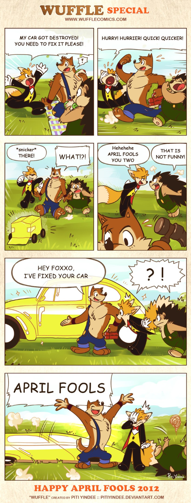 Comic-Streifen-Plakat mit der Überschrift "April Fools", das einen Cartoon-Mann und eine -Frau in einem hellblauen Himmel mit weißen Wolken zeigt.