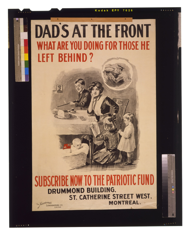 Schwarzes Plakat mit einer Gruppe von Menschen und Text, der "Dads at the Front: Was tust du für die Zurückgelassenen?" lautet