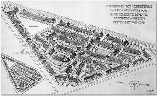 Schwarzes und weißes architektonisches Planbild einer Stadt mit zahlreichen Gebäuden, wahrscheinlich ein Rathaus, mit handgeschriebener Text.