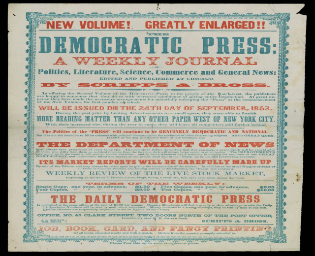 Zeitung mit dem Text "Demokratische Presse: Eine Wochenzeitung" gedruckt auf schwarzem Hintergrund.