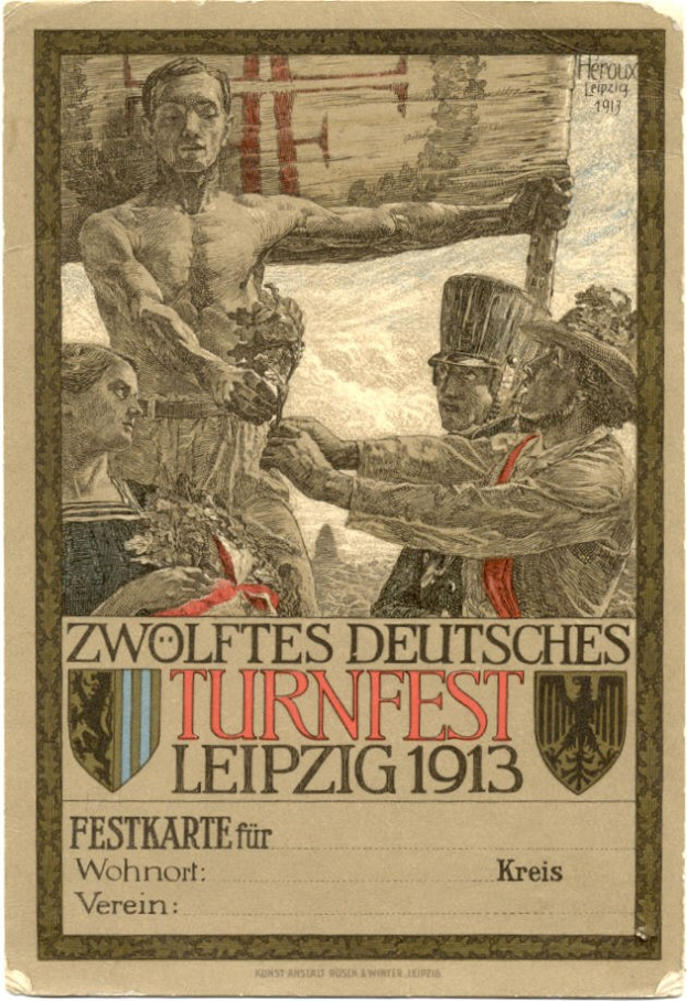 Plakat f%C3%BCr das Zw%C3%B6lfte Deutsche Turnfest Leipzig 1913, das eine zentrale Gruppe von Menschen und Text mit Veranstaltungseinzelheiten zeigt.