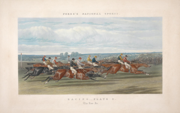 Gemälde von Reitergruppen auf einer Rennbahn mit Bäumen im Hintergrund und Wolken am Himmel, mit der Inschrift "Racing Plate 3: The Run 3" unten.