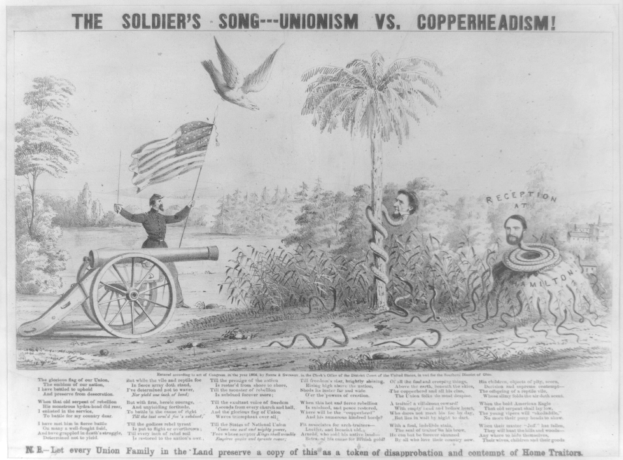 Plakat, das eine Person zeigt, die auf einer Kanone steht, eine Fahne hält, umgeben von Bäumen, Pflanzen und einer Schlange, mit der Aufschrift "The Soldier's Song - Unionism vs Copperheadism."