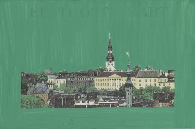 Bild eines stilisierten Stadtbilds mit grünem Hintergrund, Gebäuden und Bäumen.