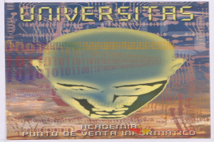 Ein Plakat mit einem kahlköpfigen Mann mit einem breiten, geschlossenenäugigen Lächeln, umgeben von Text und Zahlen, mit dem Wort "Universitas" in fetter schwarzer Schrift.