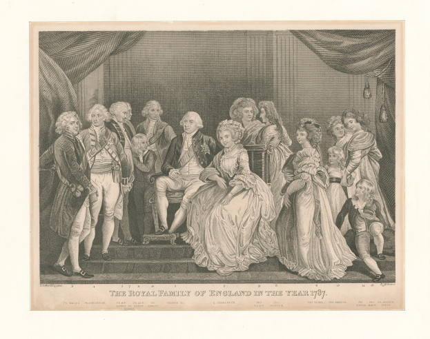 Gruppenporträt der britischen Königsfamilie im Jahr 1787, sitzend und stehend auf einer Treppe mit einer Vorhangwand im Hintergrund und Text unten.