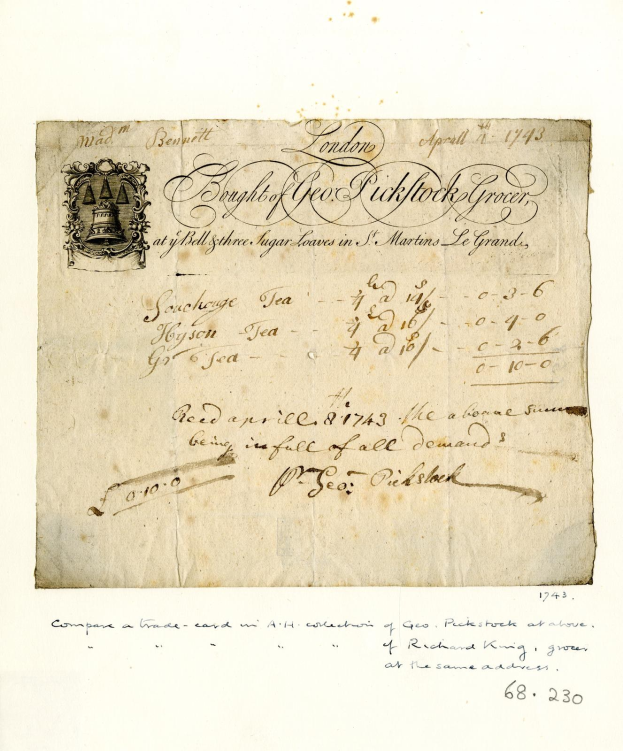 Handelskarte von 1743 mit einem Stempel, mit handgeschriebenem Text und einem Logo oben auf altem Papier.