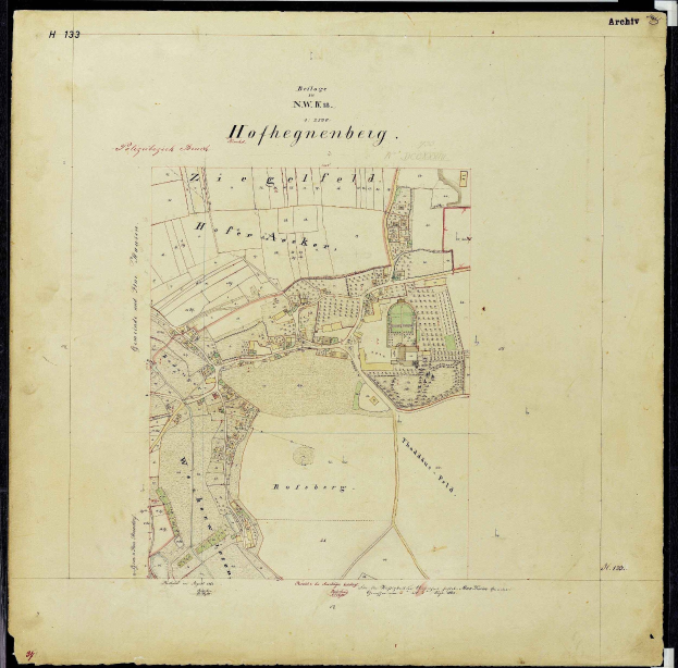 Alte detaillierte Karte von Hofhegenberg, Deutschland, mit schwarzem Rahmen, zeigt Straßen, Gebäude und Sehenswürdigkeiten.