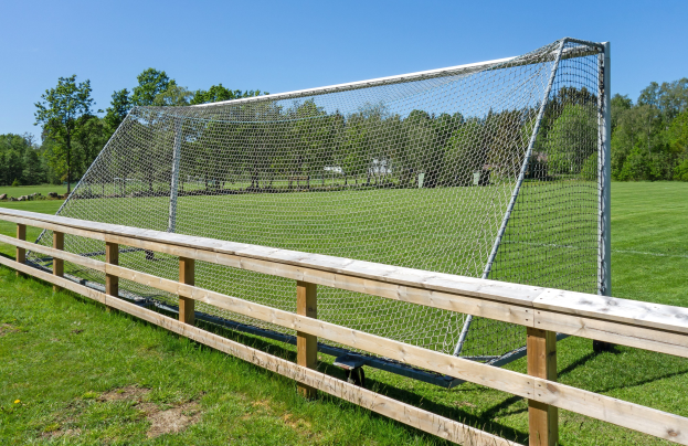Fußballtor mit Netz auf einem grünen Rasen, umgeben von einem hölzernen Zaun, mit Bäumen und einem klaren blauen Himmel im Hintergrund.
