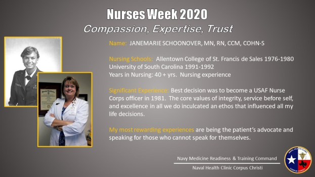 Plakat zur Nurses Week 2020 mit zwei Fotos von Pflegenden auf der linken Seite und dem Text "Mitgefühl, Expertise, Vertrauen" auf der rechten Seite sowie einem Logo in der rechten unteren Ecke.
