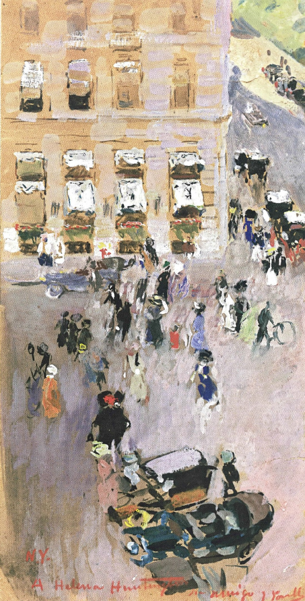 Gemälde einer belebten Straße in New York City mit Passanten, Fahrzeugen und einem Gebäude im Hintergrund, mit Text unten.