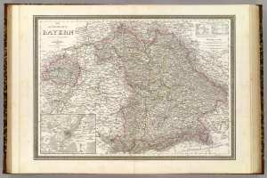 Ein altes Buch mit einer detaillierten Karte von Bayern, das Städte, Ortschaften und geografische Merkmale zeigt, sowie begleitenden Text mit zusätzlichen Informationen.